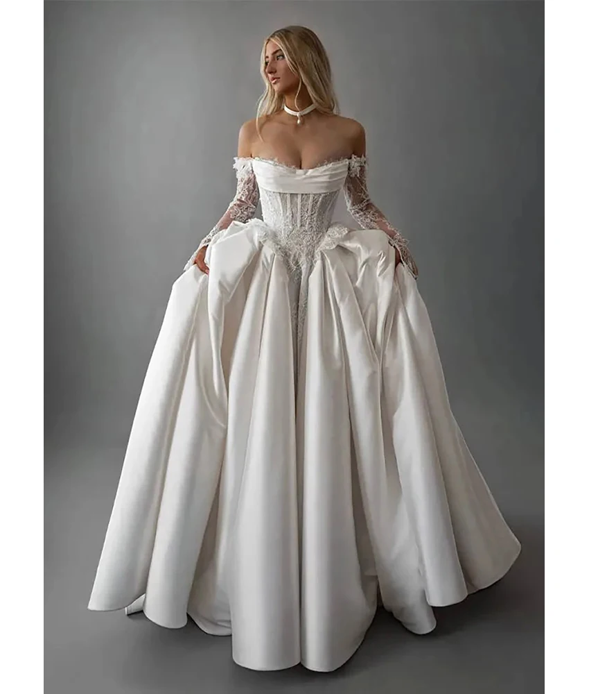 

MCDV Customized Graceful Satin A-Line Off the Shoulder Beading Lace Buttons Evening Dress Fashion Women Wedding Gowns.