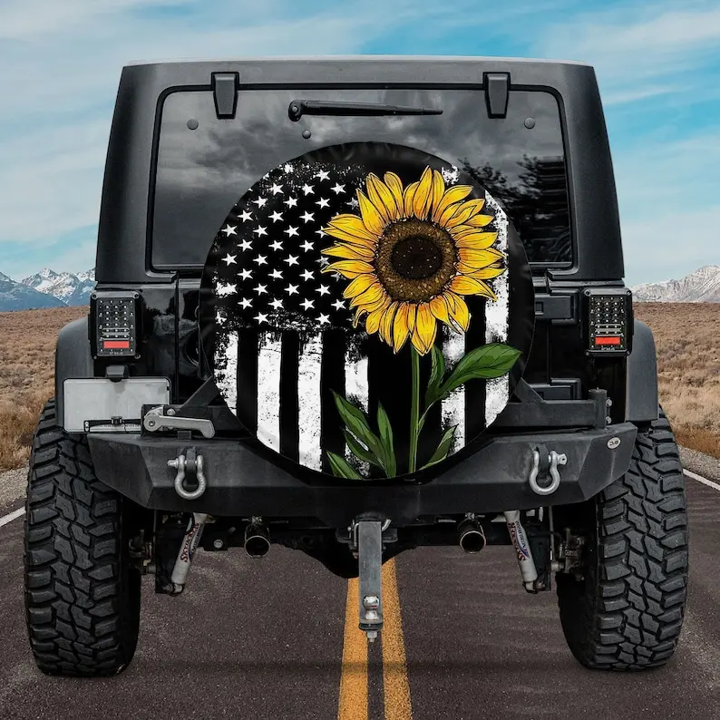 American Flag Sunflower Spare Tire Cover Camper, Personalized Spare Tire Cover, Gift For Car Lover, Gift for Father Mother's day