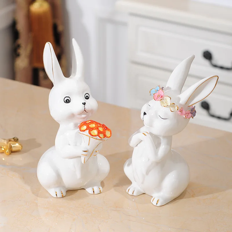 Porcelain Couple Bunny Statue Rustic Ceramics Flower Rabbit Sculpture Marriage Proposal Ornament Date Gift Home Craft Decor