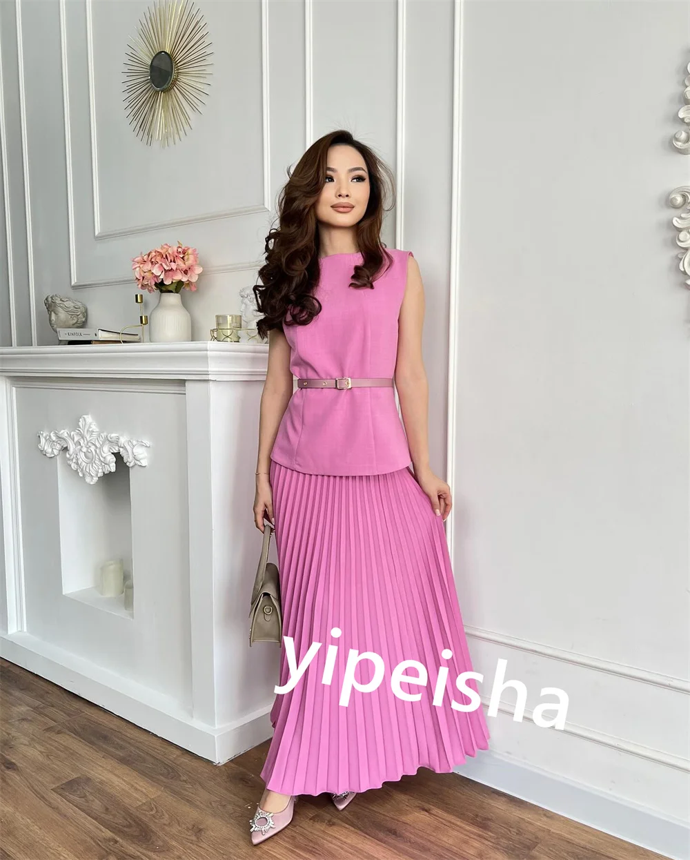 Customized Jersey Pleat Sash Evening Straight Scoop Neck Bespoke Occasion Gown Midi Dresses