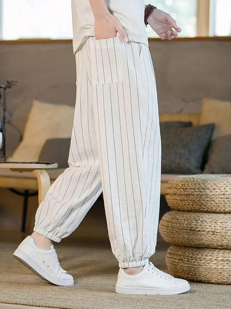 

Oversize Cotton Linen Men's Casual Pants Stripe Loose Nine Points Sli Youthful Summer Leisure Trousers for Teens And Couples