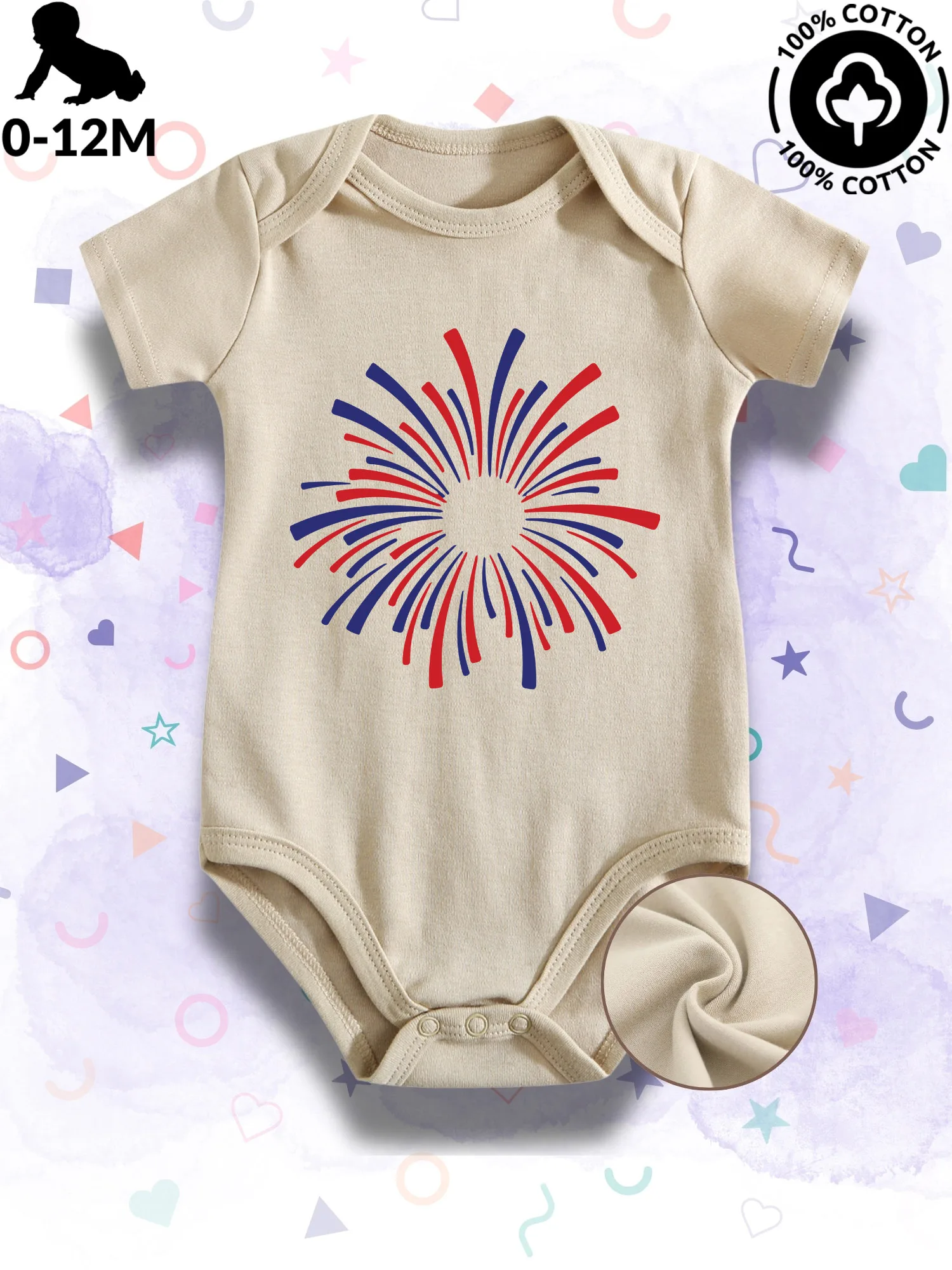 

4th Of July Fireworks 06 Unisex Baby Bodysuit, 100% Cotton Soft Onesie, All-Season Wear Beige Crawling Suit 190GSM