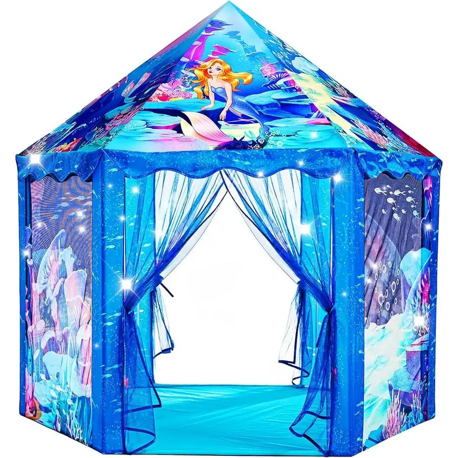 خيمة لعب حورية البحر للأطفال، بيت مسرح كبير للفتيات بعمر 312 عامًا، لعبة قلعة داخلية وخارجية للأطفال الصغار، 55 × 53 DxH