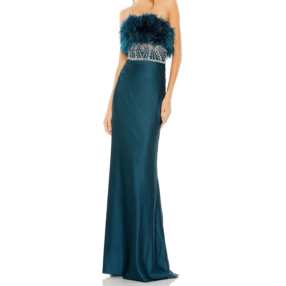 

Customized Mermaid Evening Dresses Floor-length Strapless Sleeveless Prom Gown Fashion Feathers Crystal Simple Draped Party Gown