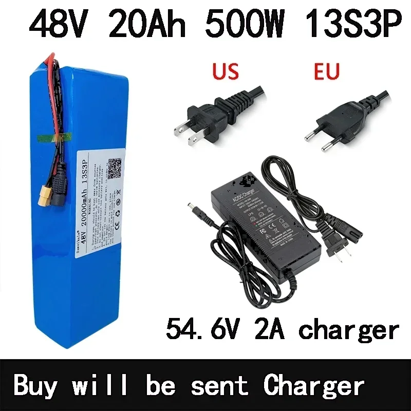 

48V lithium battery electric bicycle 20000mAh 500W 13S3P XT60 plug 18650 lithium-ion battery pack 20Ah, with BMS+54.6V charger