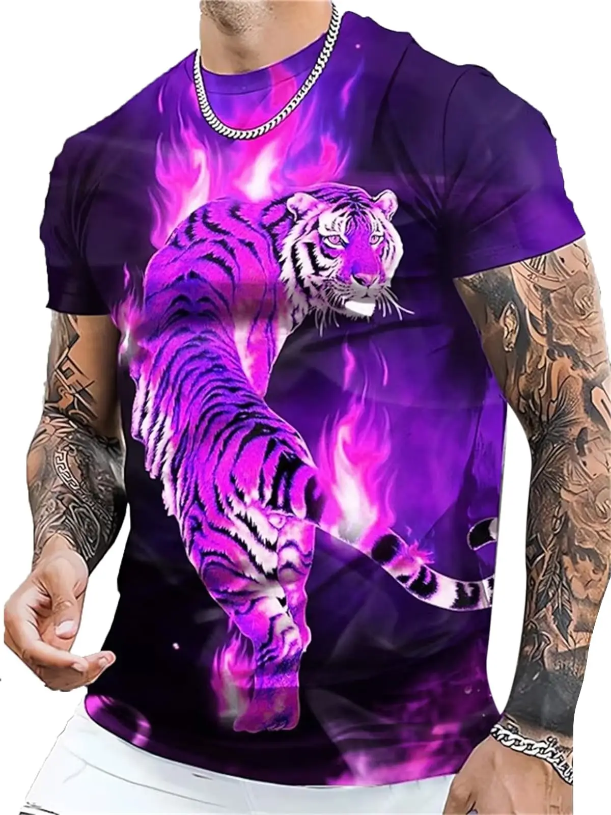 Men's T-shirt 3D fierce tiger print short-sleeved T-shirt daily wear trendy hip-hop print fashion casual round neck T-shirt