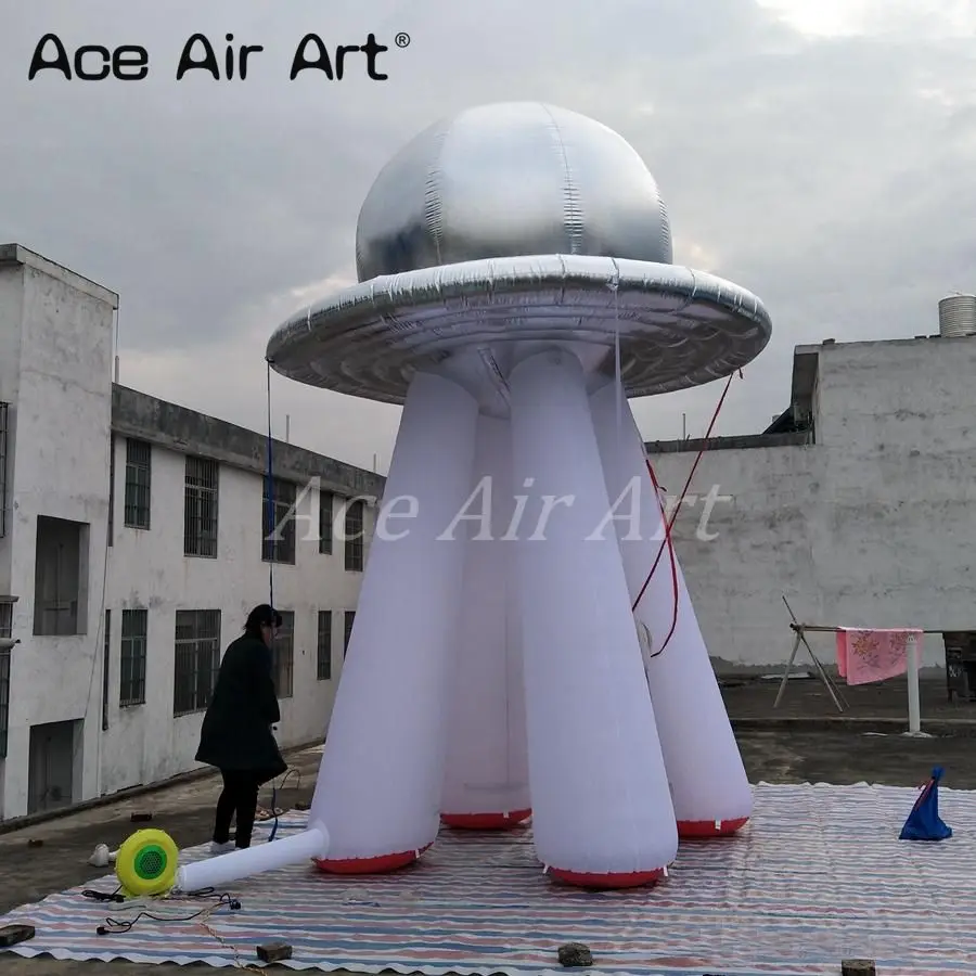 Venda quente 4m/5m/6m h modelo inflável de prata ufo com suporte para diversões/galeria de arte/decoração de museu feita por ace air art