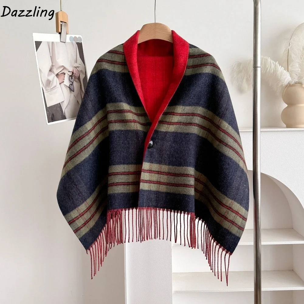 Multi-Functional Double‑Sided Plaid Poncho Shawl Faux Wool Thick Knit Blanket Shawl Tassel Trim Button Closure