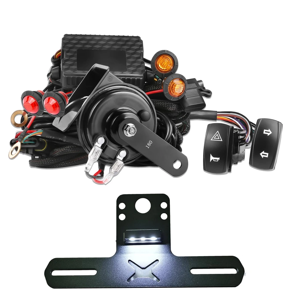 UTV Turn Signal Kit - 110dB Horn, and License Plate Holder w/Light, Pre-Wired, Plug & Play UTV Blinker Kit with Rocker Switch
