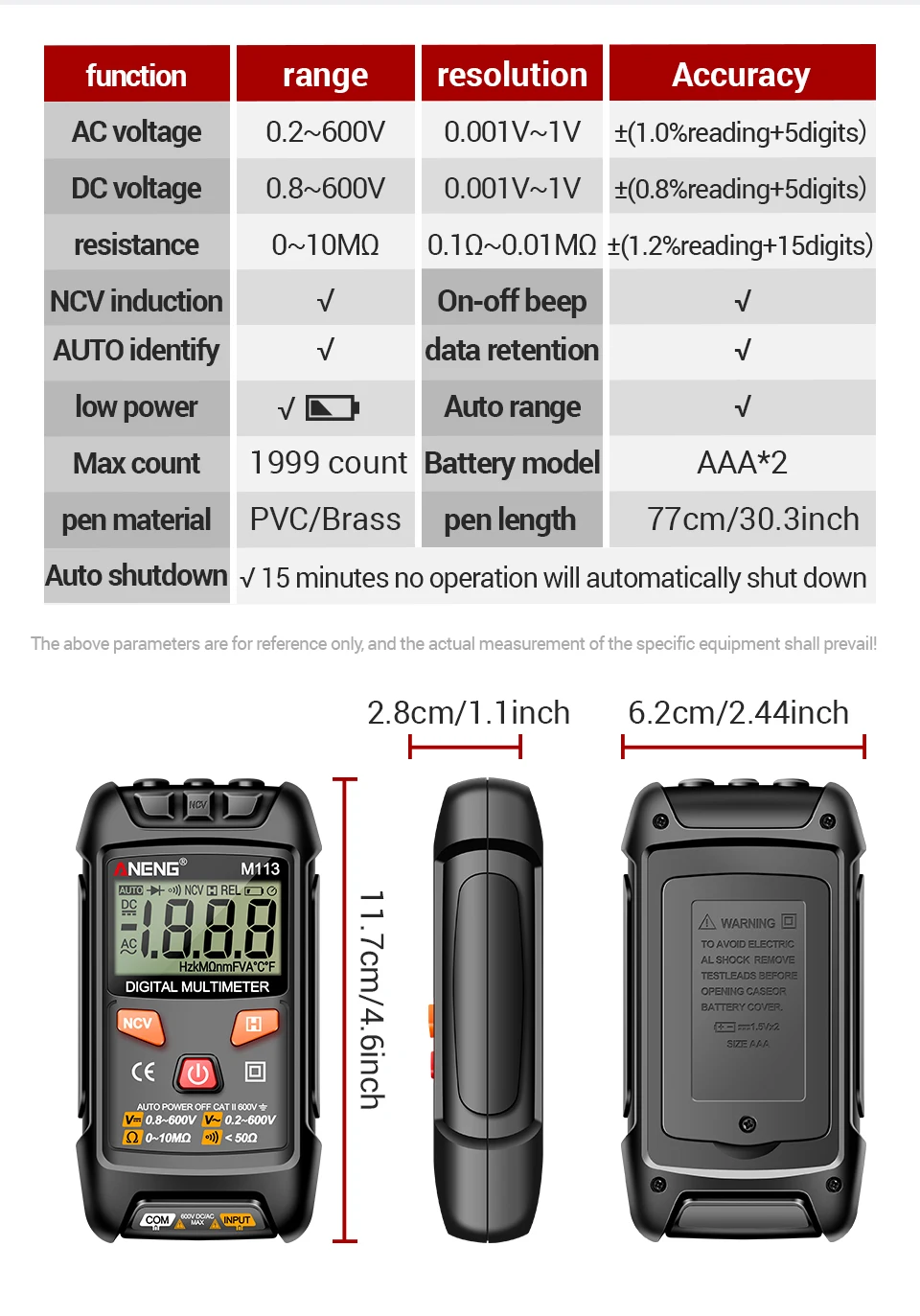ANENG M113 Inteligent Multimeter 1999 Count Digital AC/DC Voltage Meter Ohm NCV Measuring Mini Instruments Electricity Test Tool