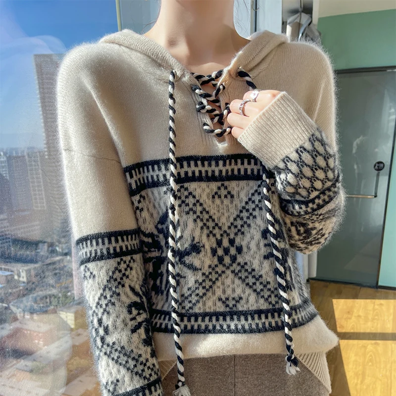 خريف/شتاء الجاكار المرأة 100% الصوف الخالص الرباط سترة مقنعين محبوك طويلة الأكمام فضفاضة الكشمير هوديي