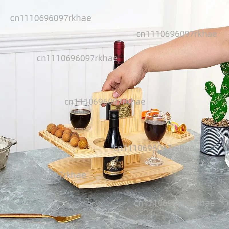 Wooden Folding Picnic Table with Glass Holder Round Foldable Desk Wine Glass Rack Collapsible Table Snack Tray for Garden Party