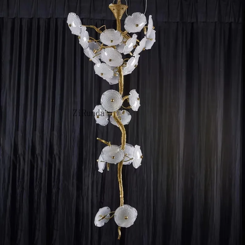 الديكور الحديث فيلا ردهة الفندق الفاخرة الزجاج الكريستال ضوء السقف الباعثة للضوء ديود لوتس ليف الحديثة عالية ثريا تركب بالسقف #5