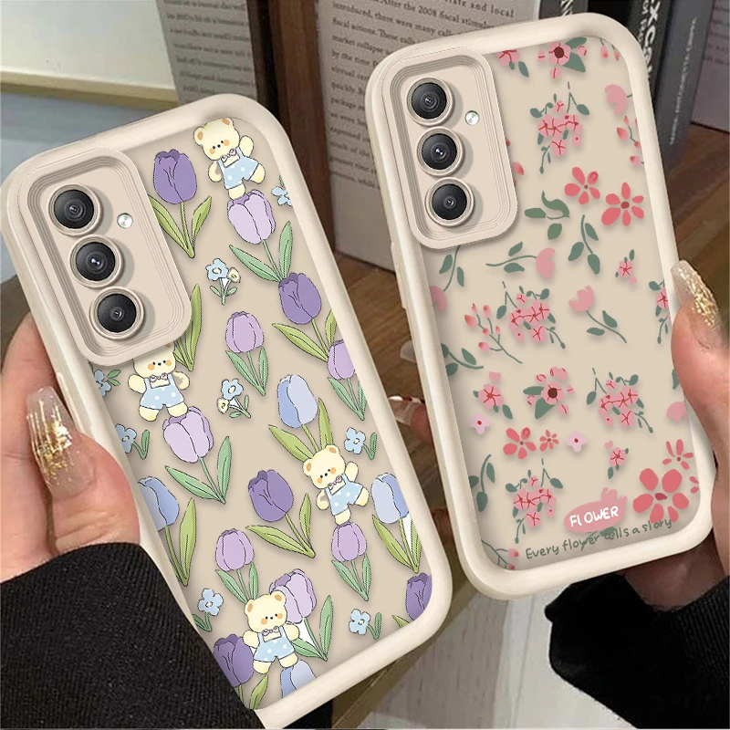 Cartoon Flower Bear Matte Phone Case for Samsung Galaxy A35 A55 A15 A25 A16 A06 A05 A05S A24 A13 A23 A12 A22 A32 A52 A71 A51 4G