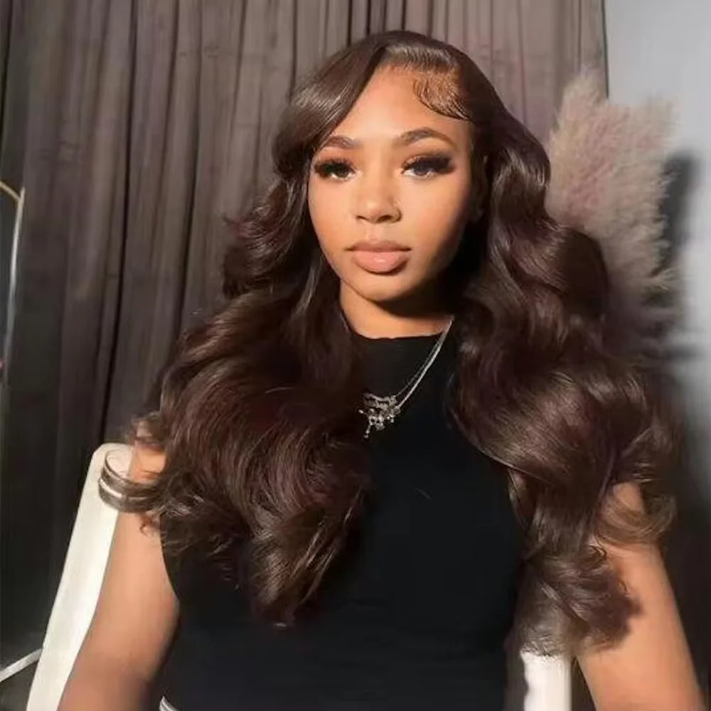 #4 Chocolate Brown Bone Straight Brazilian Remy Human Hair Wig 13x4 13x6 HD Transparent Lace Frontal Wig Pre Plucked Baby Hair Beginner Friendly Minimal Shed Tangle Free Heat Resistant Long Wigs For Women 38 40 Inch