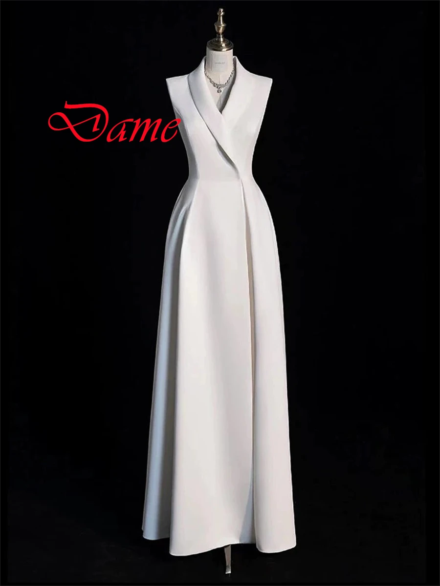 Customized Temperament White Satin Evening Dress High Quality V-Neck Sleeveless Sweep Train Ruched Special Occasion Gowns