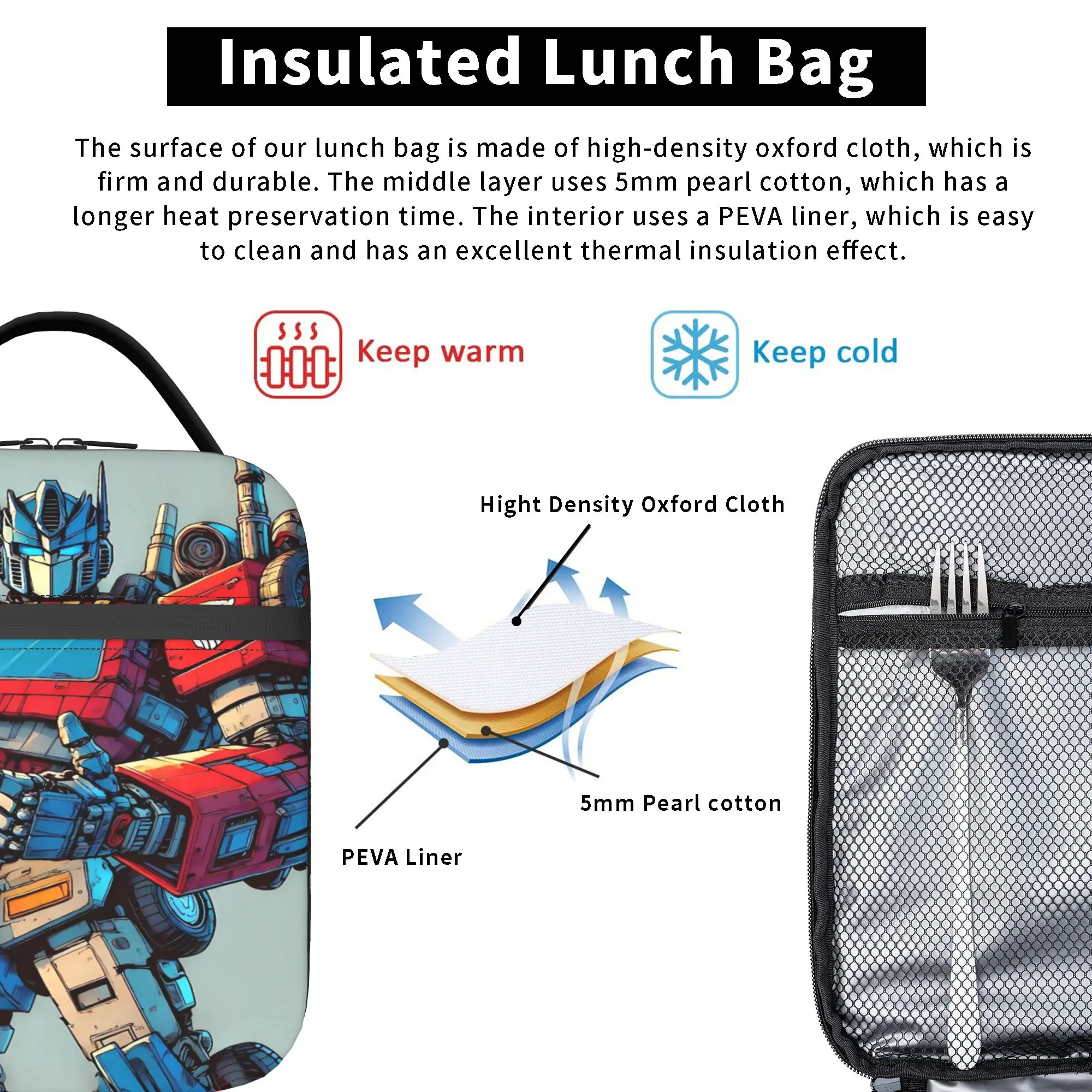 Lunchbag „Transformed Cartoon School Lunch Box“ für Unisex, lässige, tragbare, grafische Thermo-Tragetasche mit Reißverschluss – Detail 5