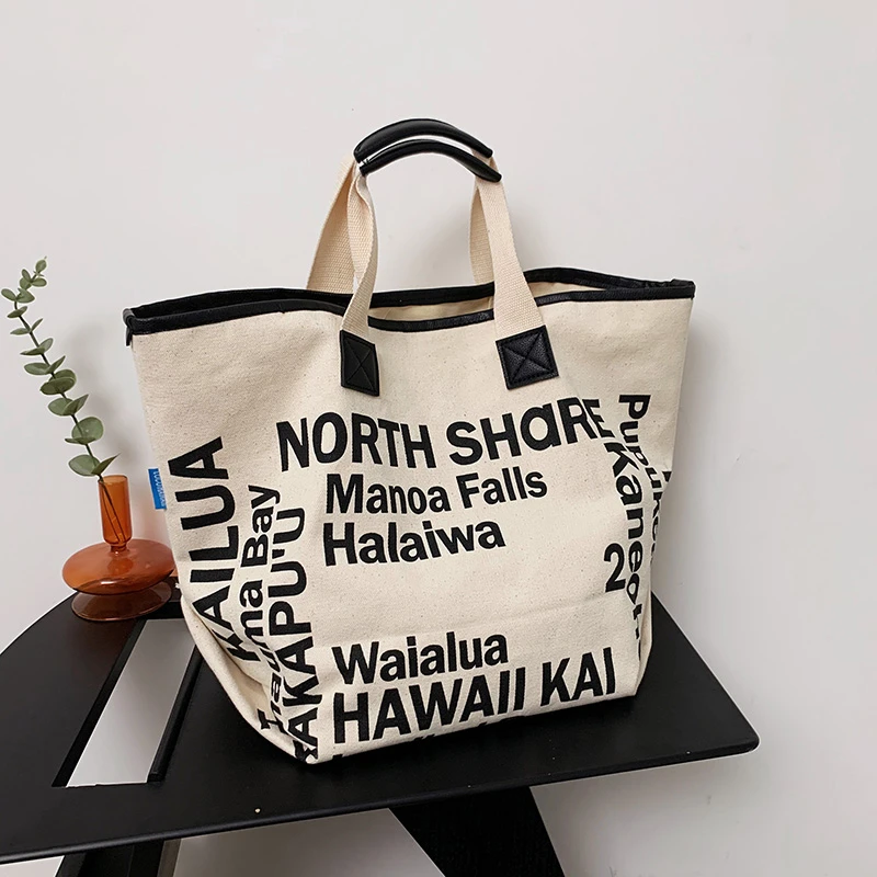 Shopping Bag Casual Tote Bag For Women Quality Canvas Portable Handbags Letter Printed Brand Shoulder Bag Large Travel Beach Bag