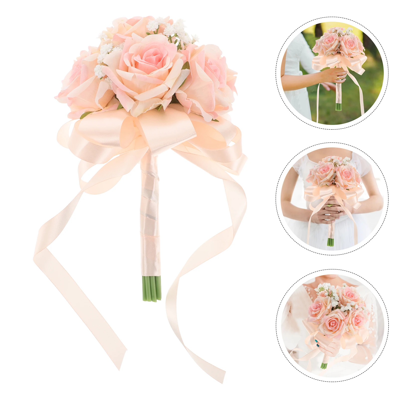 

Pink Wedding Bouquet Artificial Silk Flowers Romantic Bridal Hand Bouquet Realistic Rose For Ceremony Anniversary Party