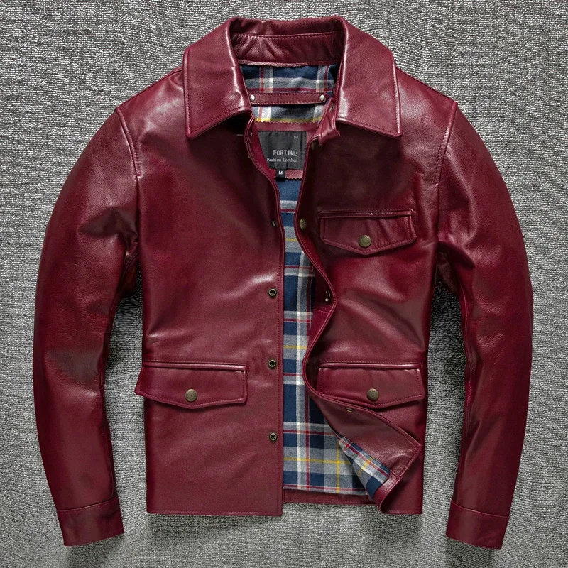 2025 New Spring Casual Genuine Leather Jacket Men Natural Sheepskin Motorcycle Leather Jackets Red Oil Wax Slim Fashion Clothing