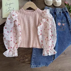 Spring Autumn Girls Clothing Set New Little Flower Sleeve Lace Shirt+Jeans 2Pcs Suit For Kids Casual Children Outfit