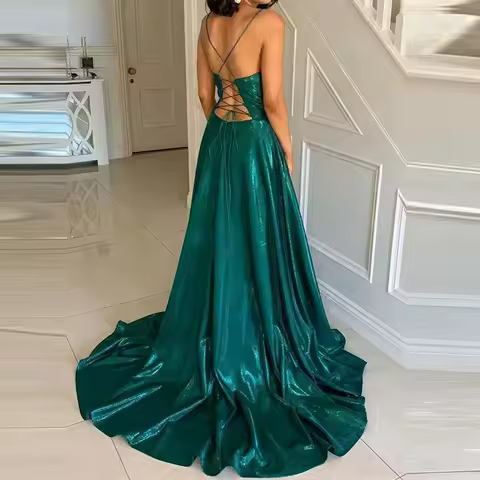 Temperament High Waist Solid Dress Luxury Bright Sleeveless Halter Evening Dress Elegant Hollow Out Pleated Floor-length Dresses