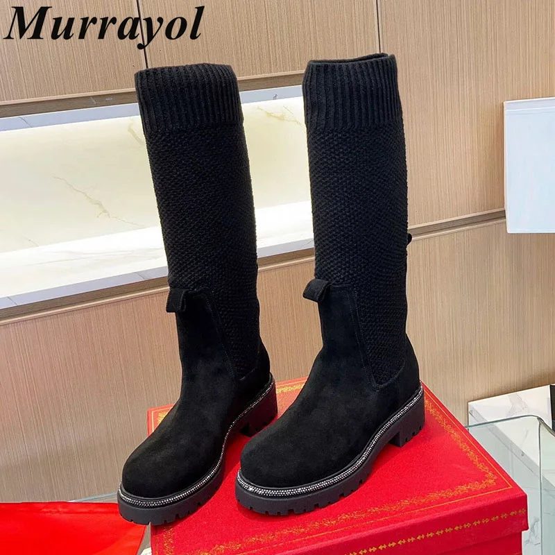 Knee High Boots Autumn Winter Suede Flat Thick Sole Sock Boots Women Round Toe String Bead Knitted Elasticity Long Booties