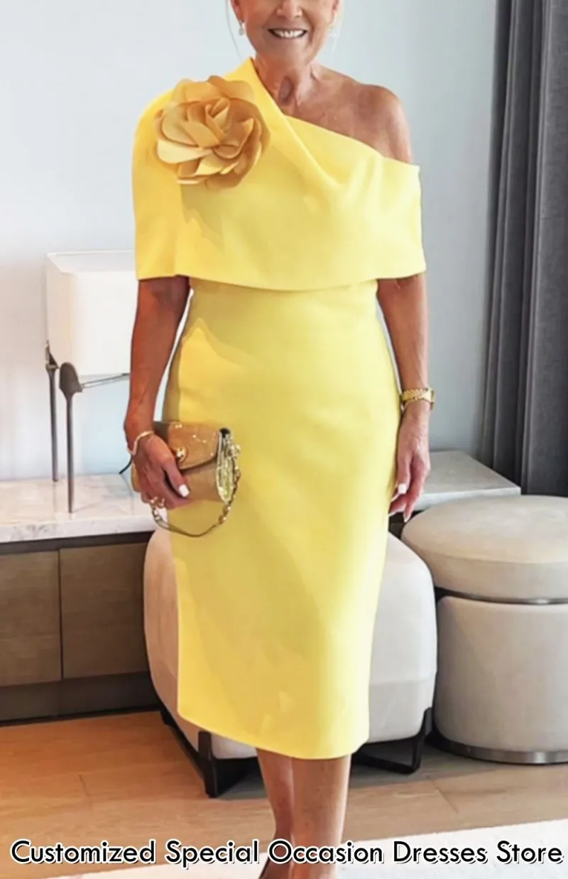Yellow Simple Mother of the Bride Dresses 2026 Elegant One Shoulder Hand Made Flowers Tea-Length Wedding Guest Gowns Customized