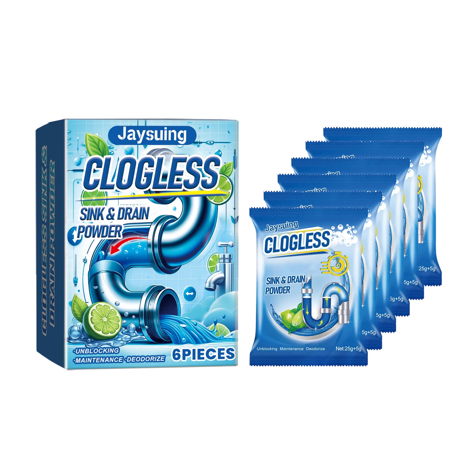 Drain Clog Remover Powder - Kitchen Bathroom Floor Drain Pipe Cleaning Stain Removal Odor Reducing, Powerful Sink and Sewer Unblocker Cleaner for Hair, Grease, Food Waste, Fast Acting Foaming Pipe Declogger, Septic Safe Plumbing Cleaner for Shower Toilet