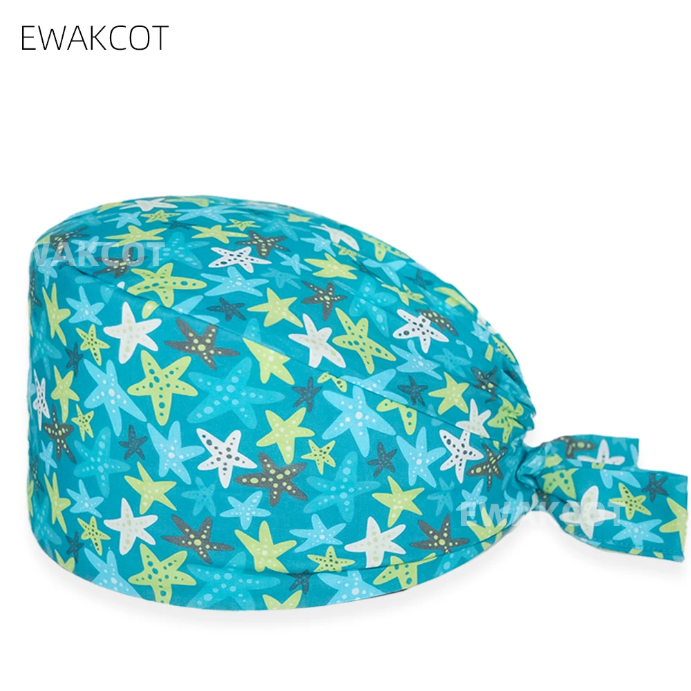 

starfish printed nurse hat women men hospital working surgery cap dental chef pharmacist nursing hats unisex surgicals caps