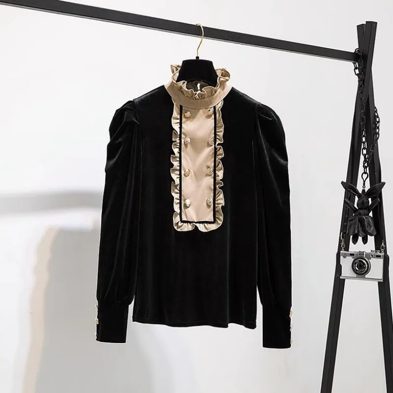 Velvet Shirts Women Vintage Panelled Ruffles Stand Collar Chic Spliced Elegant Long Sleeve Autumn Winter Female Streetwear Mujer