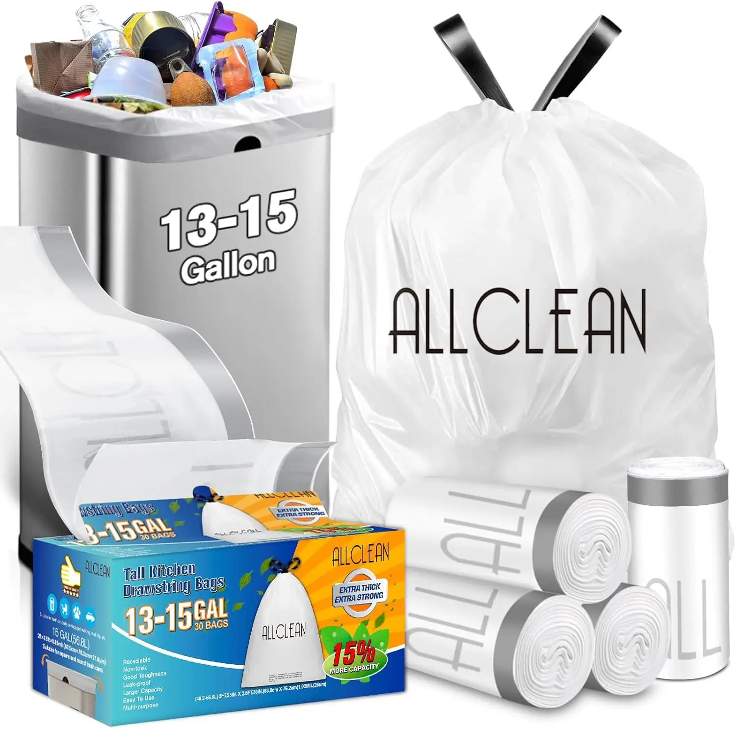 

Высокие мешки для мусора для кухни объемом 13-15 галлонов с завязками, сверхпрочные, пригодные для вторичной переработки, без запаха, 30 штук в упаковке