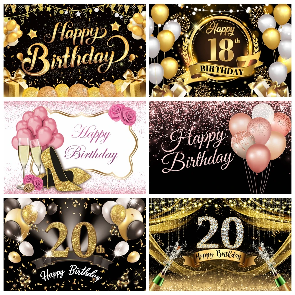 

Black Golden 18 20 30th Adult Birthday Background Banner Gold Glitter Balloon Party Decor Family Portrait Photography Backdrop