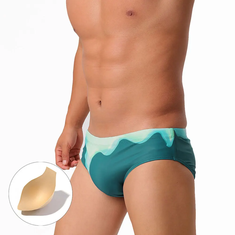 2026 Men's Gradient Printed Triangular Swimming Trunks Sexy Beach Shorts Sexy Quick Drying Boxer Swim Briefs Bikini Bathing Suit