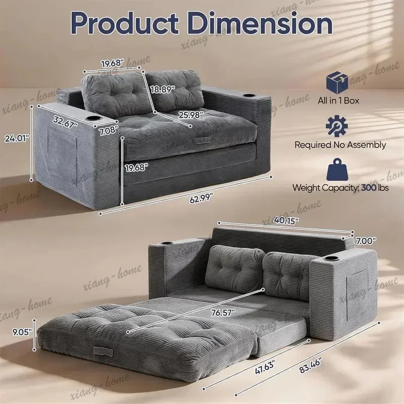 FG Premium Boneless Corduroy Loveseat Sleeper Sofa, Pull‑Out with Cup Holders & 2 Pillows, Space‑Saving, Customizable