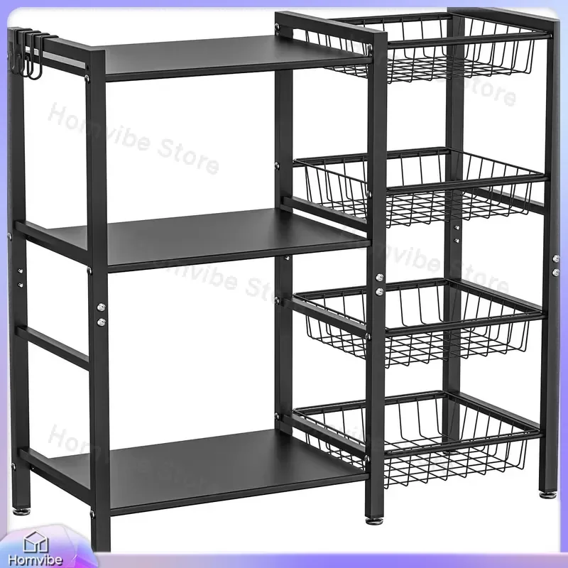 3-Tier 4-Basket Kitchen Storage Rack for Bakers Coffee Makers Pantry Organizer Adjustable Shelf Utility Cart with Wheels
