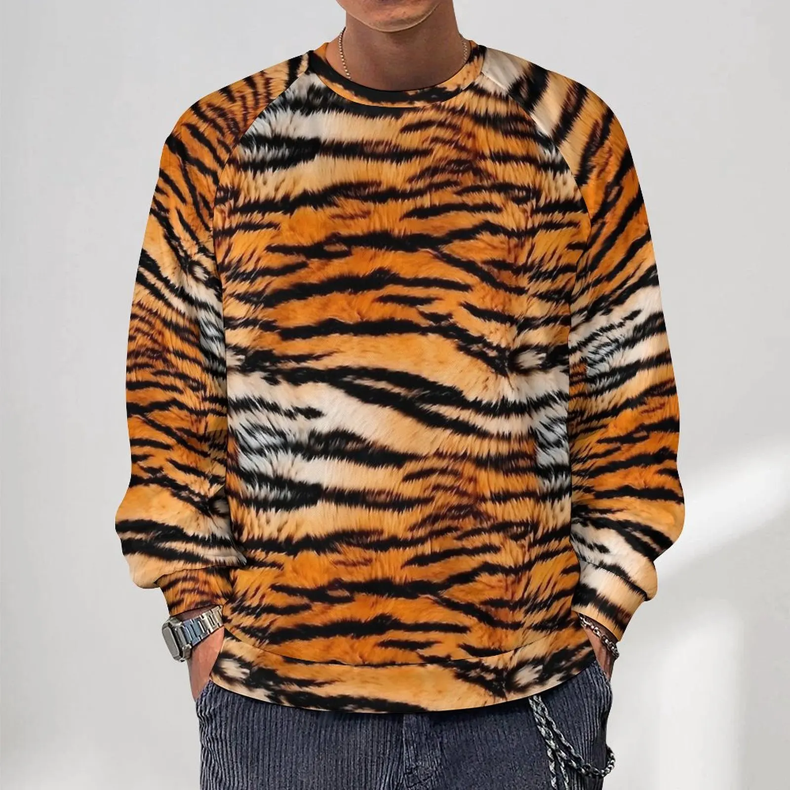 Tiger Stripes Streetwear Sweatshirts Spring Animal Print Y2k Cute Hoodies Male Oversized Classic Graphic O Neck Hoodie