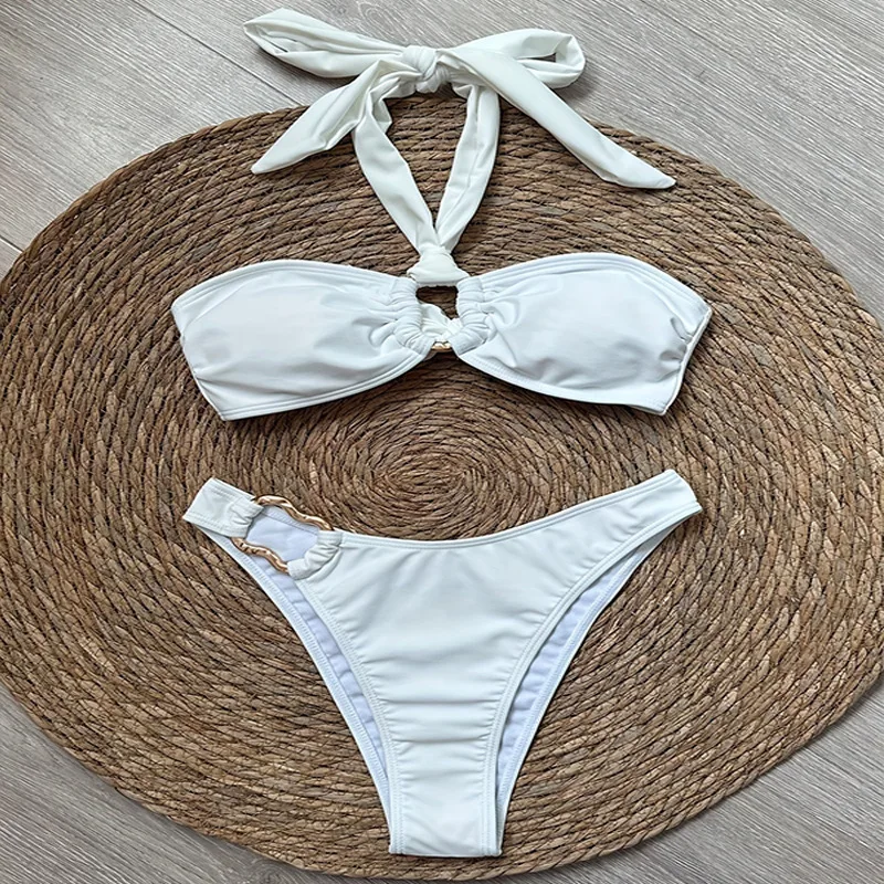 Para Praia Sexy Solid Halter Bandeau Bikini Set Thong Women Swimwear 2025 Brazilian Swimsuit Female Bandage Bathing Suit