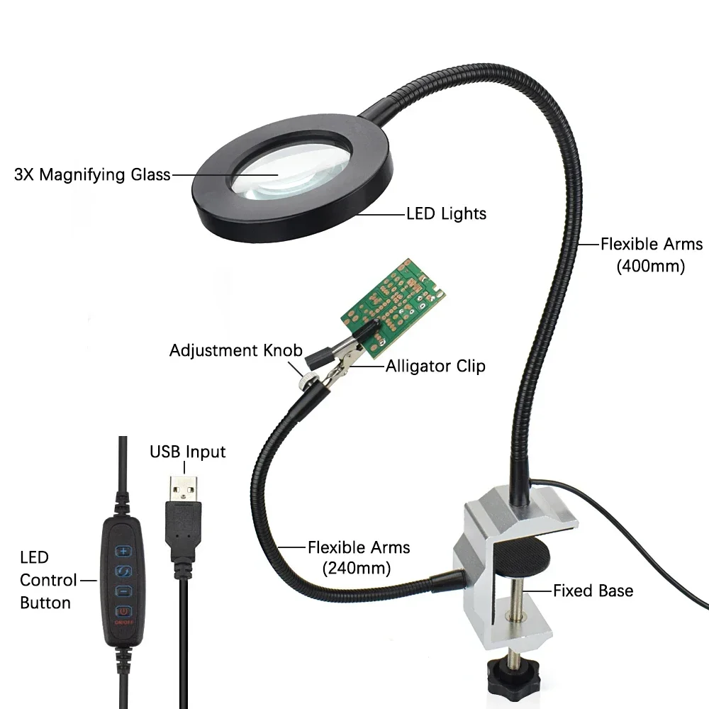 

3X USB Illuminated FlexibleTable Magnifying Glass with LED Lights Helping Hand Soldering Solder Clamp Phone Magnifier Screen
