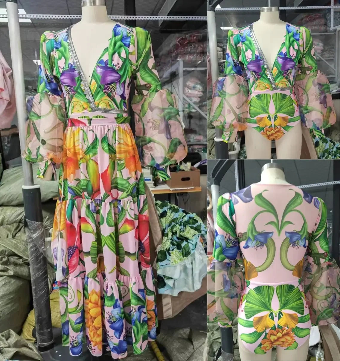 Traje de baño de una pieza de manga larga con estampado Vintage para mujer, traje de baño con mangas acampanadas verdes y plisado, conjunto de vacaciones de media falda