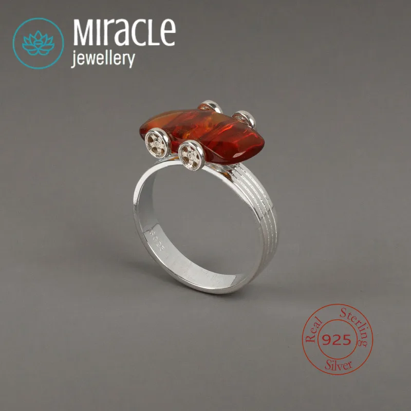 Miracle Sterling Silver 925 Chase Wind  Ring Unisex Handsome Amber Racing Creative Fun Niche Design Rotatable