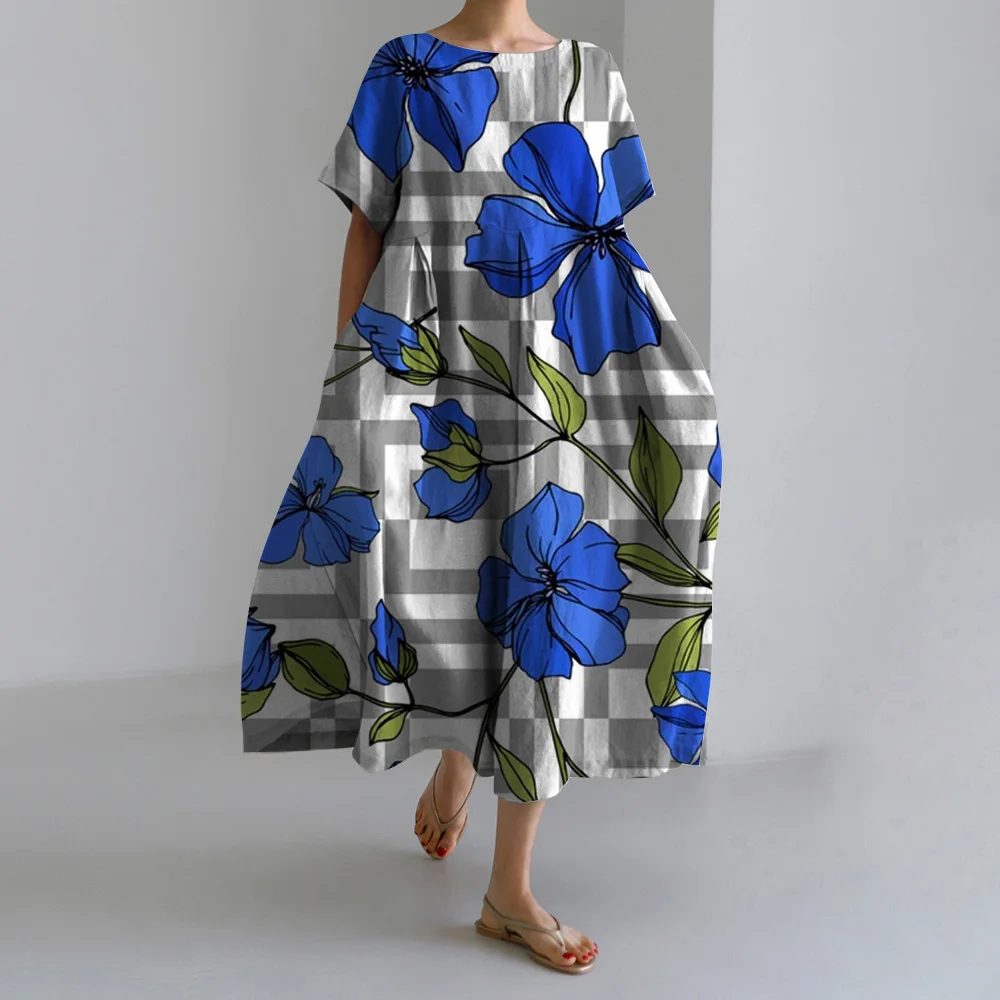 여름 패션 플러스 사이즈 S-5XL 휴가 캐주얼 드레스 신상 O넥 보헤미안 캐주얼 플로럴 프린트 미디 여성 여행 드레스