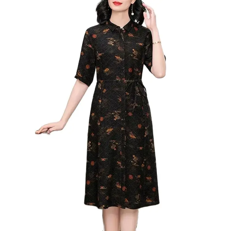 BirdTree, 100%Mulberry Silk Retro Dresses, Women's XiangYunSha Short Sleeve, Printed Loose Large Mom Dress, 2024 Summer D44436QC