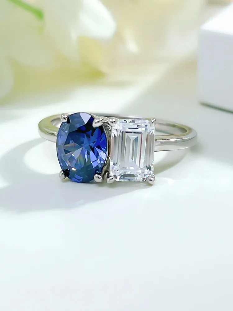 Fashion niche double stone color contrast sapphire ring with high carbon diamond, versatile and minimalist personality