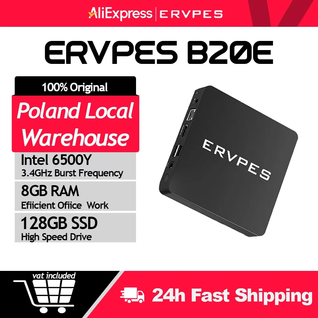 ERVPES MinI PC B20E Windows 11 8GB RAM 128GB SSD Intel 6500Y HDMI/VGA WIFI5 BT 5.0 USB Compacte desktop voor werk/thuis