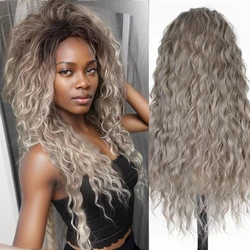 Peruki syntetyczne Kobiece długie kręcone falowane fryzury Ombre Ash Blonde z czarnymi korzeniami Gradient Color Womens Wig Long Grey Wave Wig