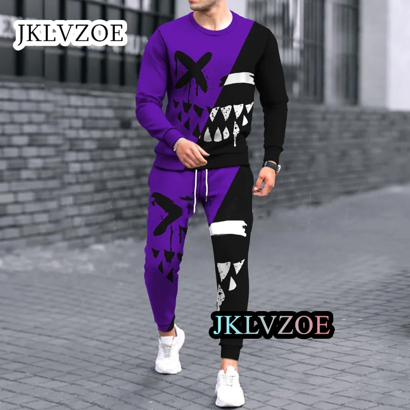 2023 Nova Moda Masculina Roupas Jogging Tricô Sportwear Manga Longa Sorriso 3D Imprimir Streetwear Outfit 2 peças T-shirt Conjuntos