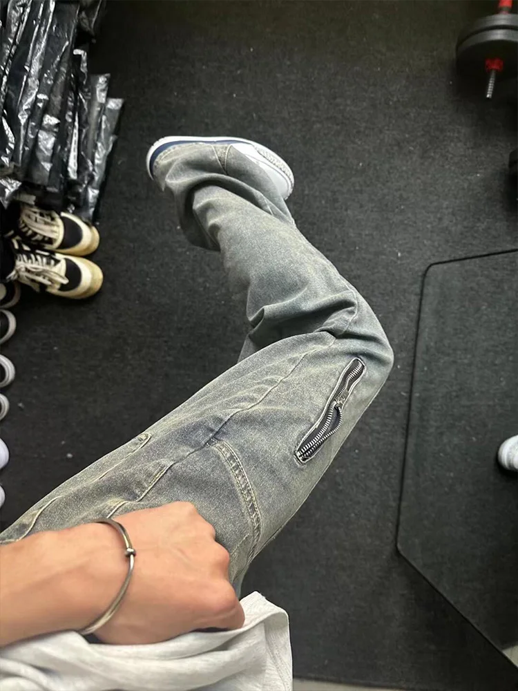 

American High Street Vibe Straight Leg Men's Jeans Hip Hop Zipper Design Loose Wide Leg Pants Youth Faion Cotton Polyester ...