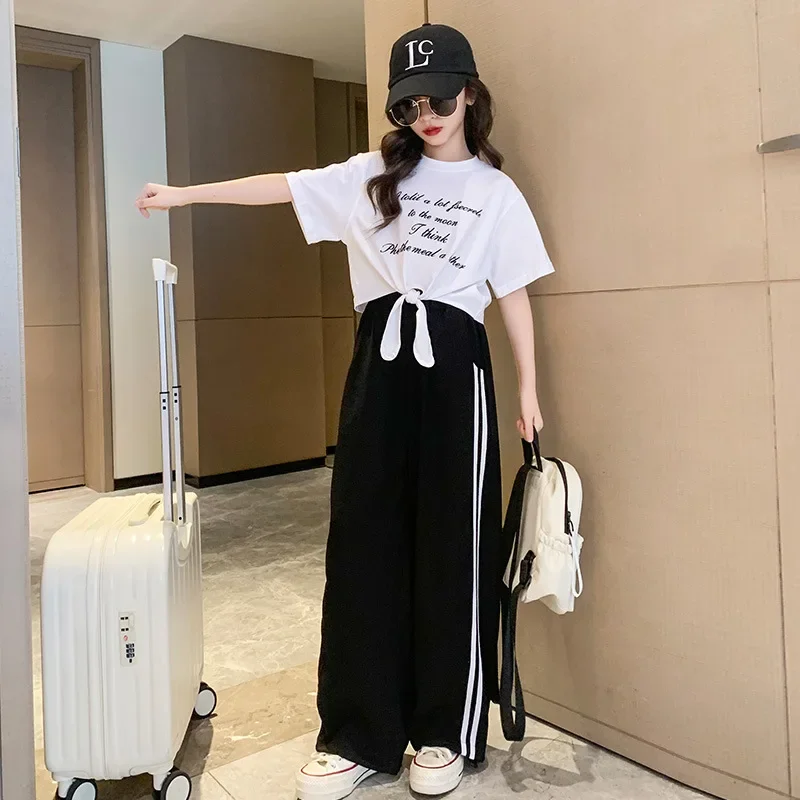 Children\'s Top and Bottom Clothes Set Girls and Teenagers Suit Korean Style Casual Short Sleeve Top+Wide Leg Pants Two-piece Set