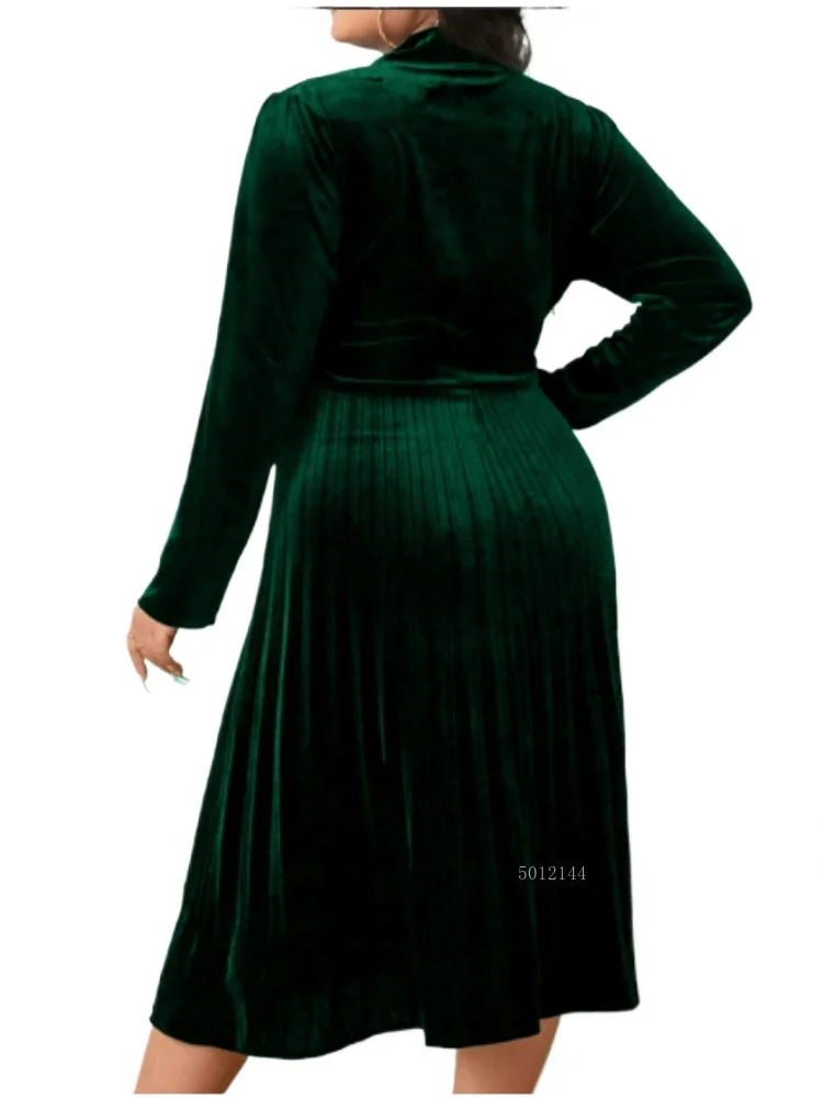 Women Elegant Christmas Velvet Green Pleated Dresses Bowtie Colllar Midi Evening Party Long Sleeve Wedding Guest Winter Gowns